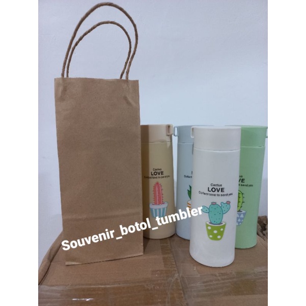 Souvenir botol tumbler kaca minum motif kaktus kemas paper bag coklat SOUVENIR PERNIKAHAN MURAH