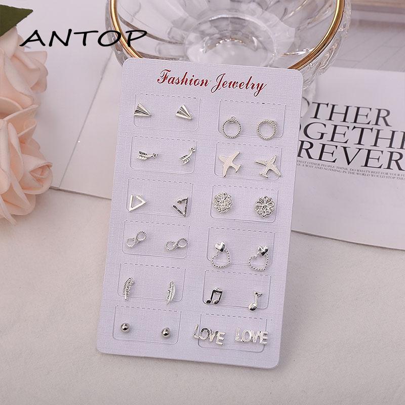 12 Pasang / Set Anting Tusuk / Stud Model Campur Bahan Silver Untuk Wanita