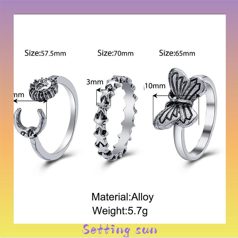 Cincin Gabungan Terbuka Kreatif Retro Star Moon 3-piece Set Cincin TN