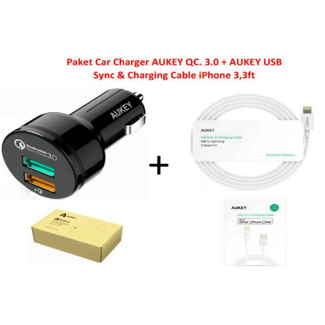 Paket 2 in 1 Original Aukey Car Charger QC.3.0 + Aukey Cable Charging 8 pin for iPhone