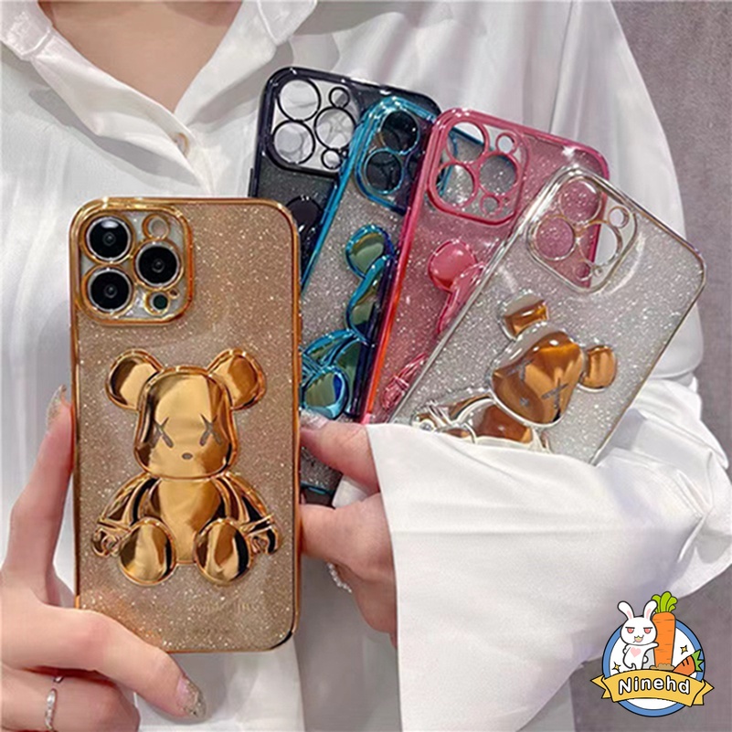 3D Bear Phone Case for iPhone 13 12 11 Pro Max X Xr Xs Max SE 2020 iPhone 8 7 6 6s Plus Luxury Plating Soft Case Silicone Soft TPU Casing All-inclusive Shockproof Protective Cover