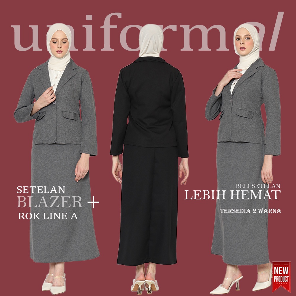 Setelan Blazer Rok Set Wanita, Satu Set Blezer Panjang Rok LINE A Hitam dan Abu Cewek Formal Kerja Kantor Korea Premium Kekinian Import, Jas Perempuan Big Size JUMBO Murah Trendy Kuliah / Wisuda / Guru / Almamater / Seragam / Polos