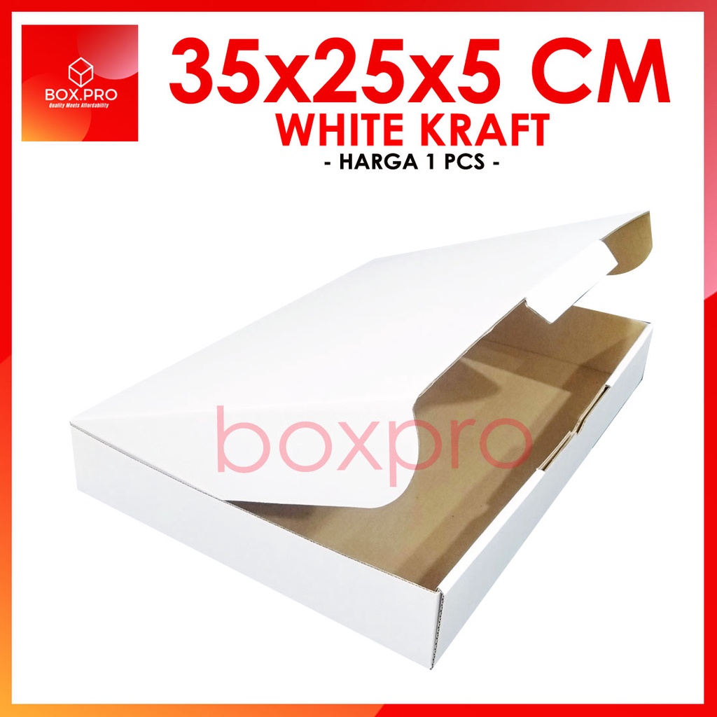 

Kardus PUTIH uk 35x25x5 cm (ECER) Die Cut Box Kotak Packing Aksesoris Baju Makanan Pizza Hijab Kue