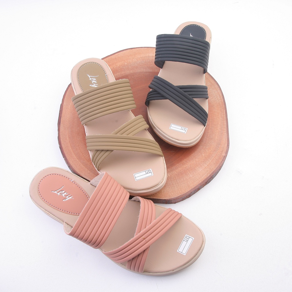 Lexy VEXANA Sandal Wanita Wedges Selop Kokop Motif Garis