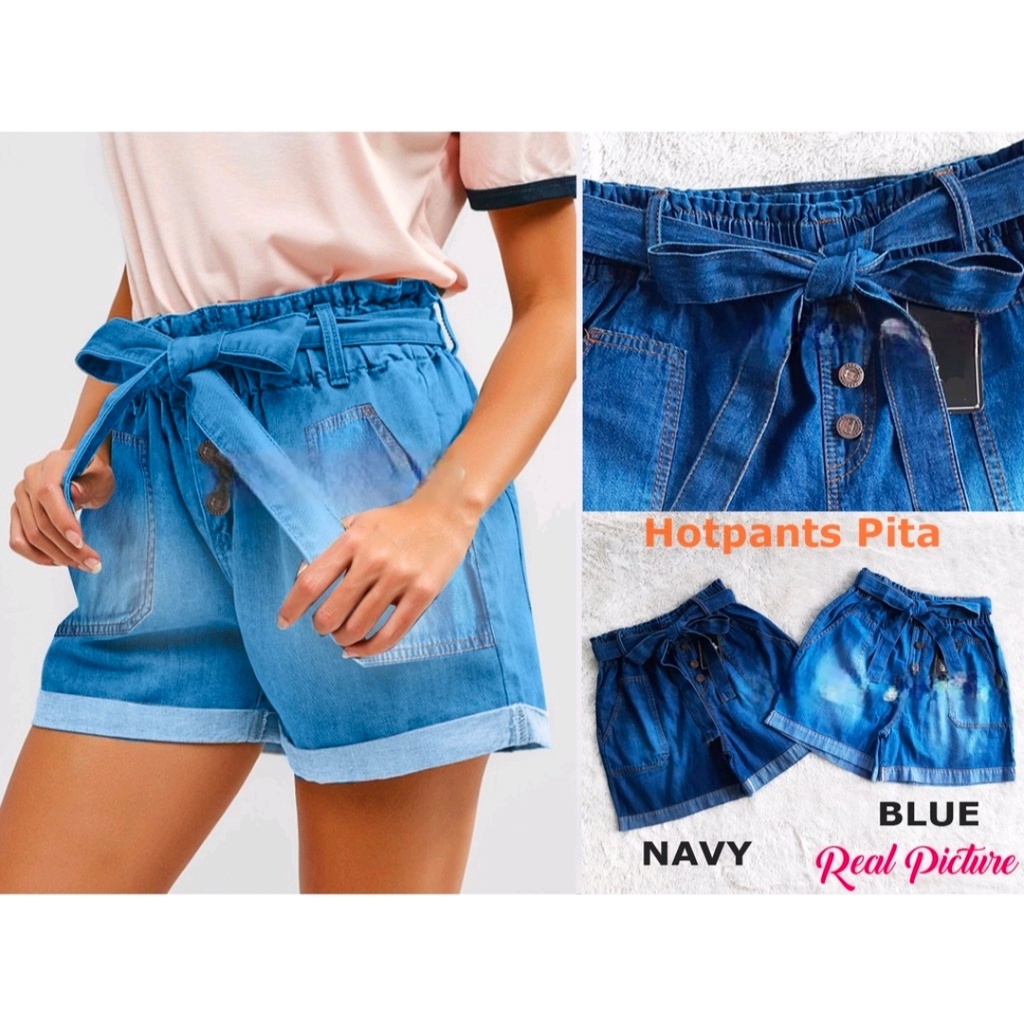 VITA HOTPANTS JEANS KANCING TALI PITA - Celana Hotpants Wanita