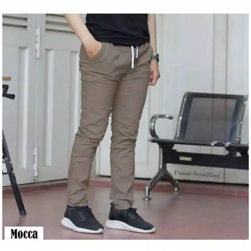 CELANA Pria SLIMFIT Panjang chino pinggang karet