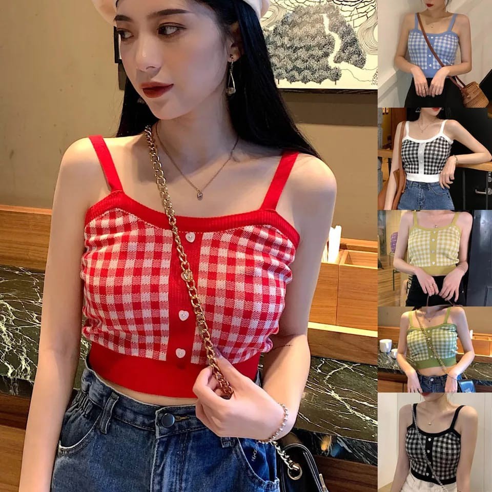 Crop Tank Top Kamisol Korea Tangtop Wanita Rajut Kotak-kotak Pendek Tali Kecil Model Cewek Korea