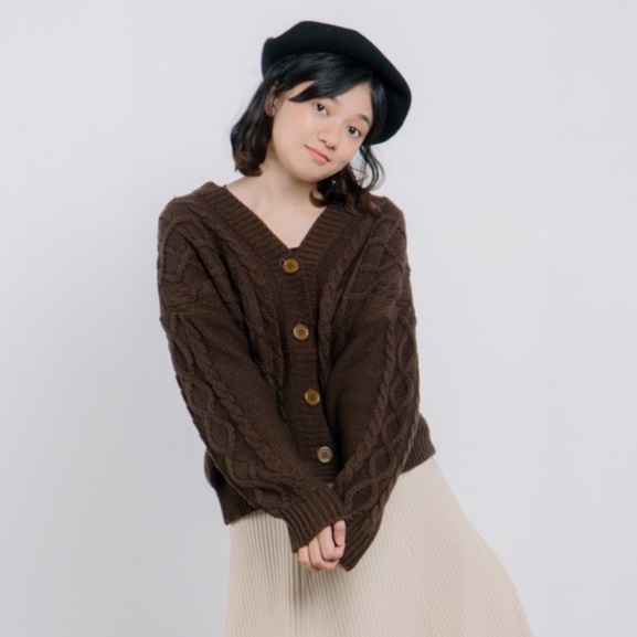Vintage House Cross Crop Cardi (Cardigan Rajut Cable Wanita Korea / Korean Cardigan)-Hickory Coffe