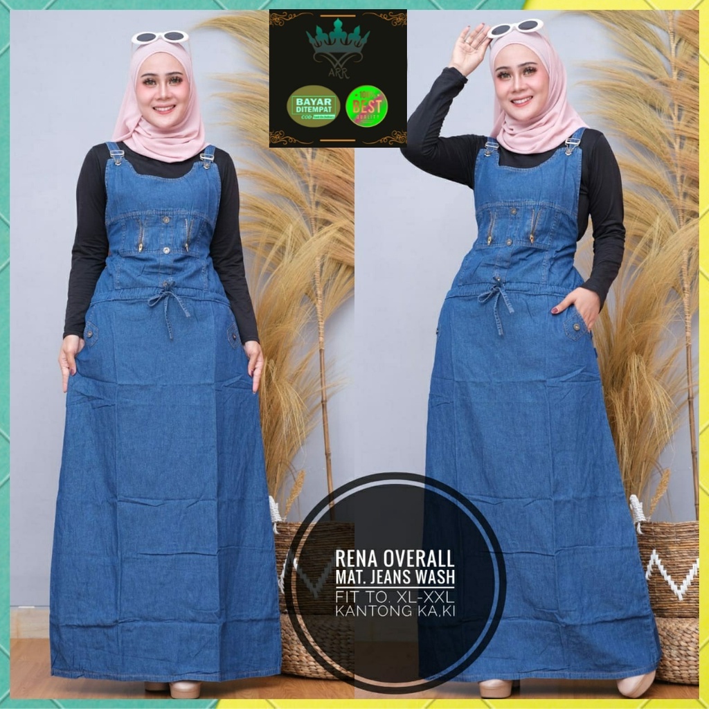 Baju Kodok Overall Dress Jeans Wanita Motif Polos Cantik Size L-XXL Rena Overall Allsize