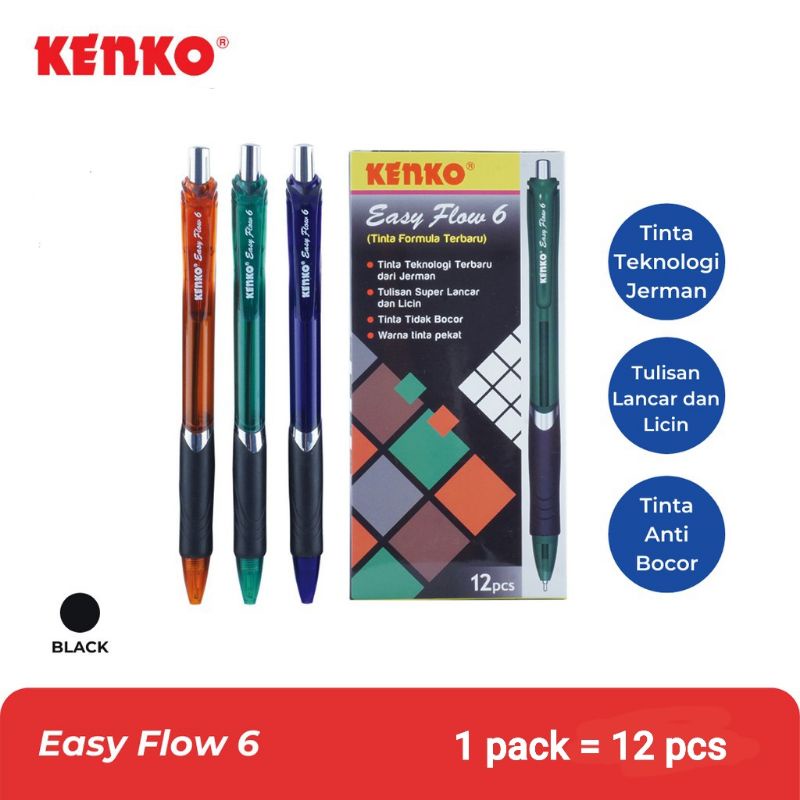 

KENKO BALLPEN EASY FLOW 6 / PENA / PULPEN / PEN Black Retractable Random Color