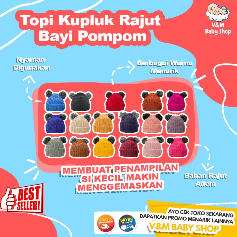 VnM037 |Topi Kupluk Rajut Bayi Pompom / Kupluk Bayi Perempuan &amp; Laki-Laki Murah / Baby Hat 2 pompom