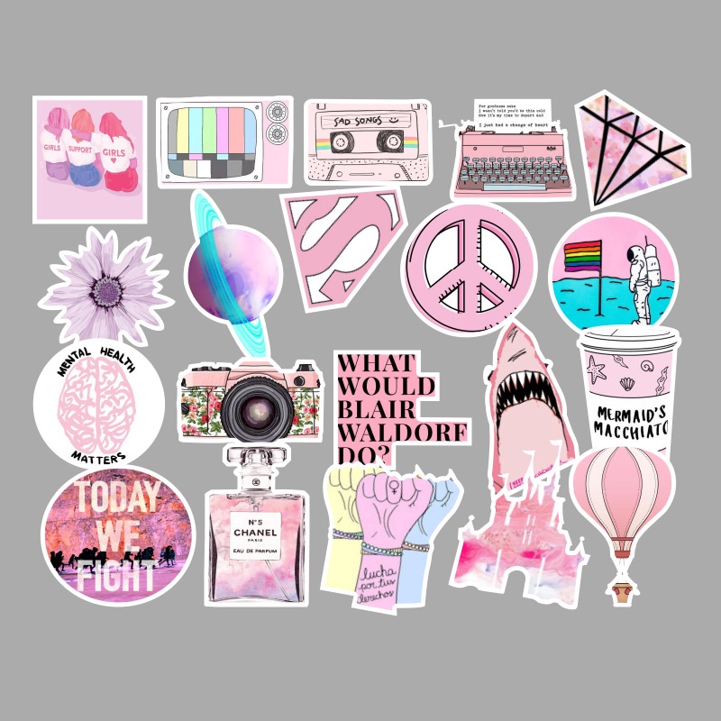 53pcs/set Pink Color Graffiti Waterproof Removable PVC Stickers for Laptop Fridge Luggage Decoration