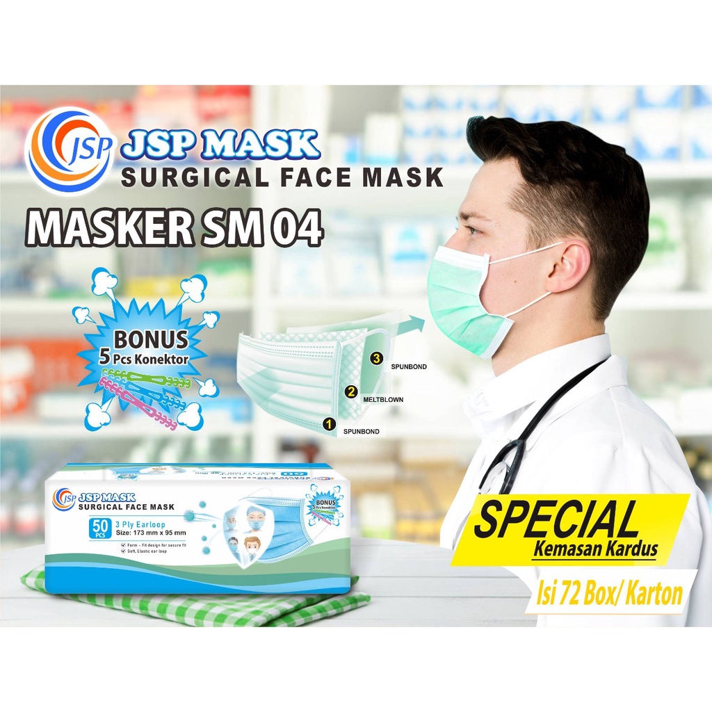 (BISA COD) Masker 3PLY isi 50 PC FREE 5 KONEKTOR  masker medis KEMENKES surgical JSP mask SM04