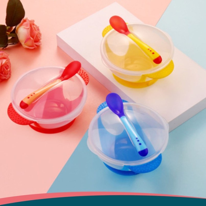 ACC0021 Mangkok bayi/sendok tutup makan bayi dengan sensor panas - BIRU