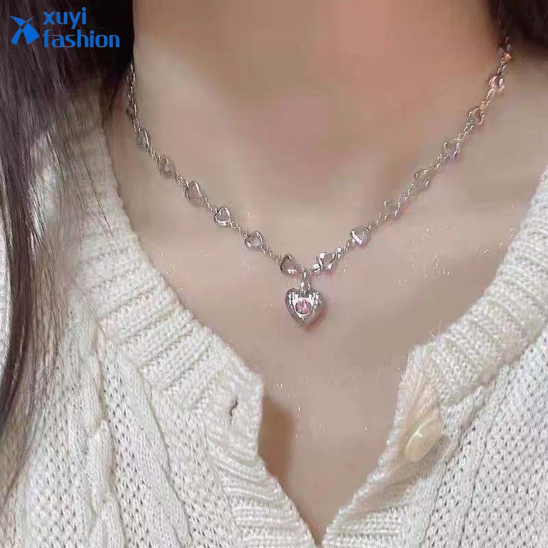 Kalung Rantai Choker Liontin Hati Aksen Kristal Warna Pink Untuk Wanita