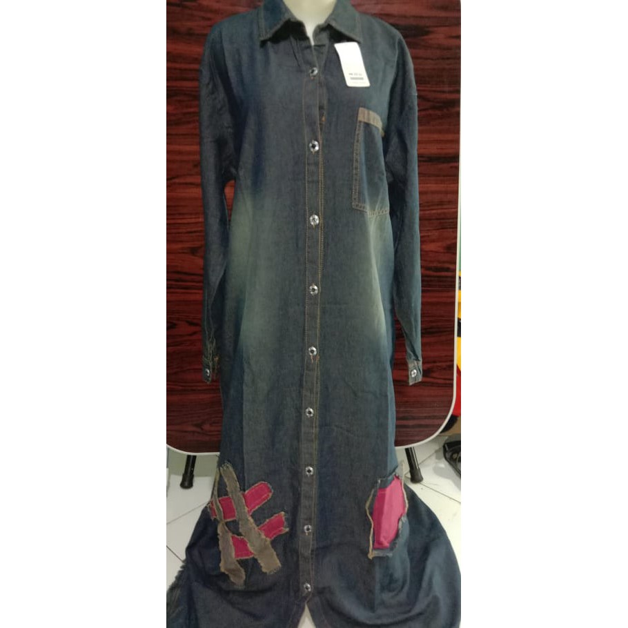 Gamis jeans wash grade A  lengan panjang kantong real pict