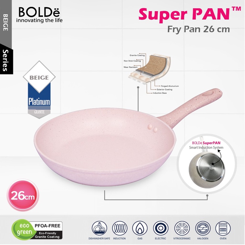 BOLDe wajan Panci Super Fry Pan Frypan 18 22 26 CM Beige granite coating bisa untuk kompor induksi