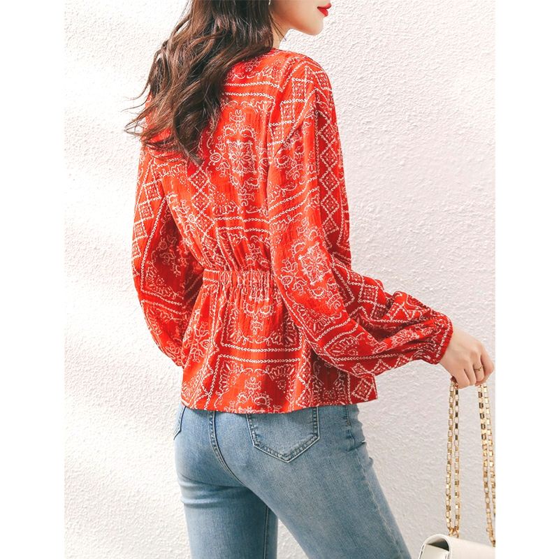 MDLV ~ 0859 CNY Blessings Hidden Button Top Women Blouse Premium Kemeja Etnik Blouse Etnik Blouse lengan Balon Panjang Blouse Korea terbaru Best seller Fashion Import