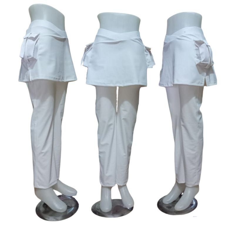 CELANA SENAM ROK KANTONG WANITA PUTIH CELANA SPANDEK CELANA PANJANG JUMBO