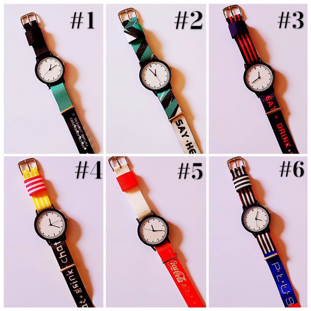 Jam Tangan Analog Gaya Korea Strap Nylon / Jam Tangan Strap Nylon Motif Tulisan Unisex