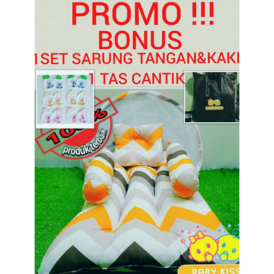 Kasur Bayi Lipat Kelambu Set | Kasur Bayi Kelambu Motif Zigzag Line Grey | Tempat Tidur Bayi Kelambu