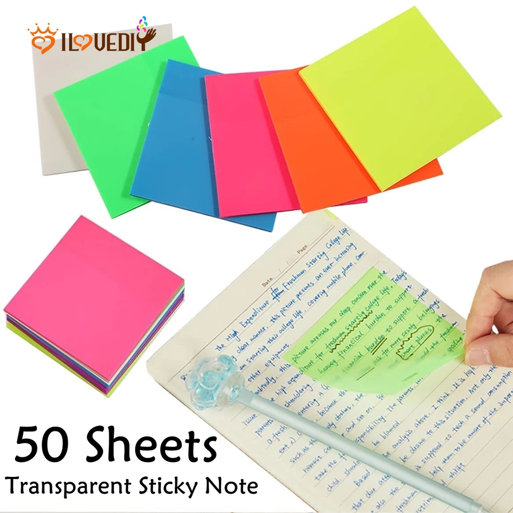 50 Lembar Sticky Note Transparan Tahan Air Warna-Warni Untuk Pelajar / Kantor