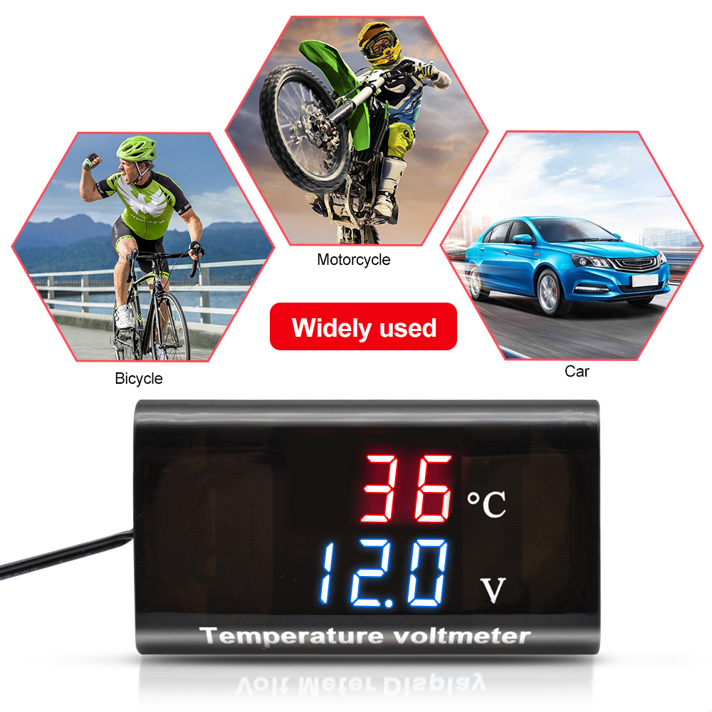 Panel Meter Temperatur Voltmeter Digital Dc 12v Dual Display 0.28 Inch Anti Air Warna Biru/Merah Untuk Mobil/Motor