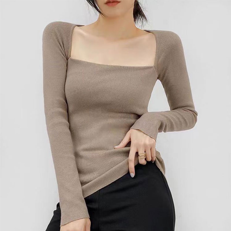 [✅BISA COD] #Sisjuly# French Warm Square Neck Skinny Knit T-Shirt Stretch Crop Top