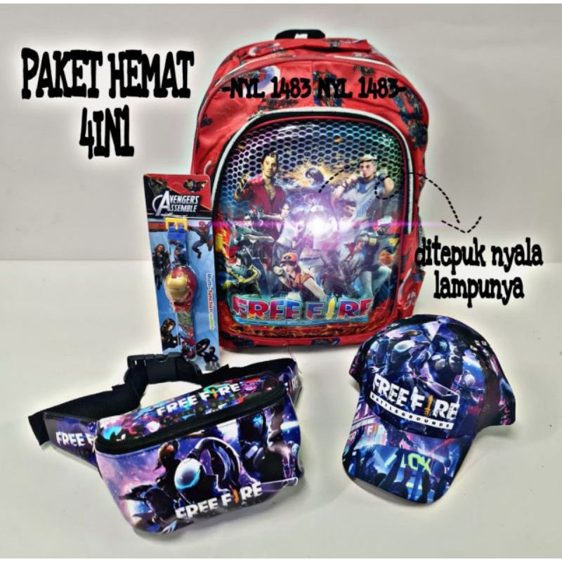 (BISA COD ) Tas Ransel Anak Sekolah SD FREE FIRE LED 4in1- Free Topi Jam Tangan- TasWaistbag/Tas Ransel anak Laki-laki/tas anak  perempuan