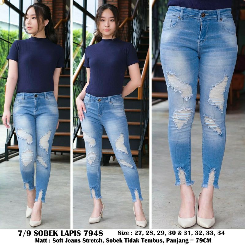 7948 SOBEK LAPIS 7/9 CELANA WANITA RIPPED JEANS