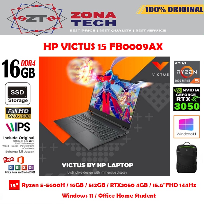 HP VICTUS GAMING 15 FB0009AX - RYZEN 5-5600H - 16GB - 512GB SSD - NVIDIA RTX3050 4GB - 15.6&quot;FHD IPS 144Hz - WIN11 - OHS