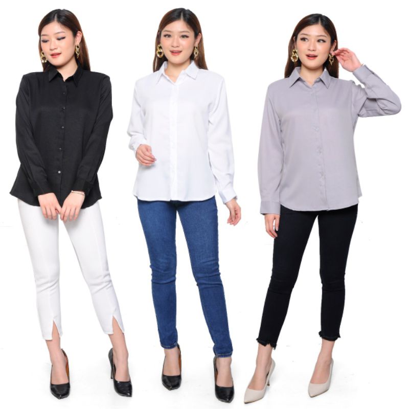 Kemeja Formal Kerja Wanita Kantor Putih Hitam Polos Lengan Panjang Atasan Kemeja Blouse Putih Wanita Lengan Panjang Untuk Sidang Kuliah Ospek Wawancara