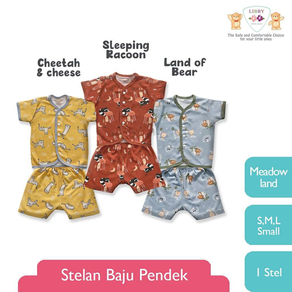 Libby Stelan Baju &amp; Celana Pendek Kancing Depan Meadow Land Series (Satu Set Isi 3Pcs)