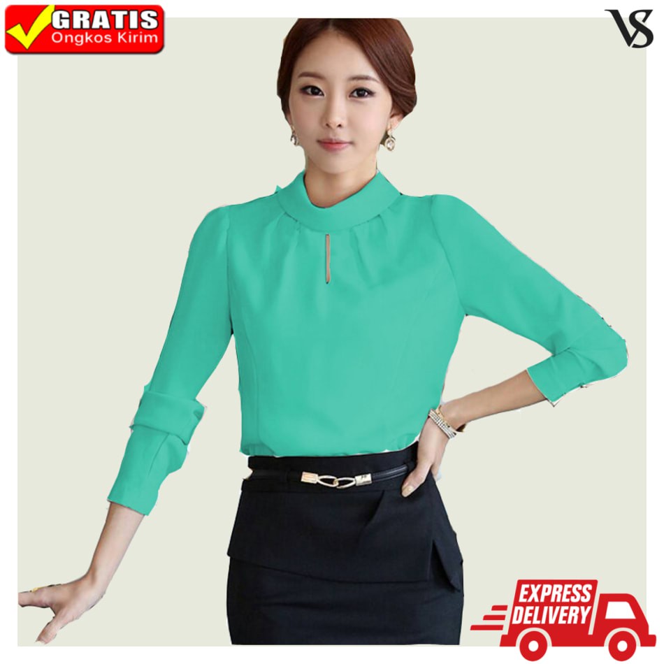 Blouse Wanita Lengan Panjang Kekinian Blus Korea Leher tinggi - Hitam Shopee Terbaik Murah