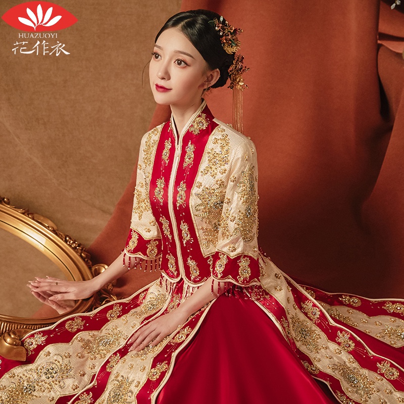 ◐◎❃2021 baru gaun naga dan phoenix, gaun pengantin pernikahan gaya Cina, gaun pengantin Cina, gaun p