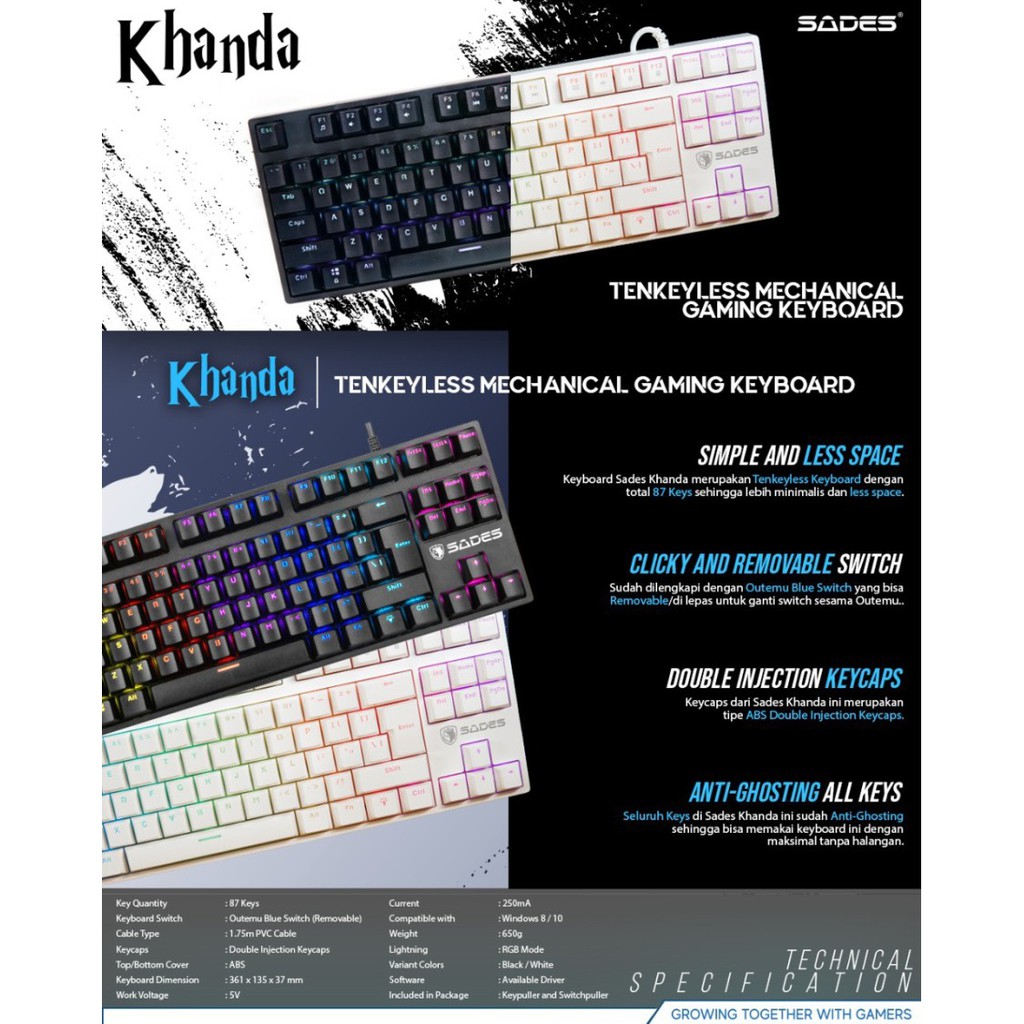 Keyboard Gaming Mechanical Sades Khanda RGB TKL Removable