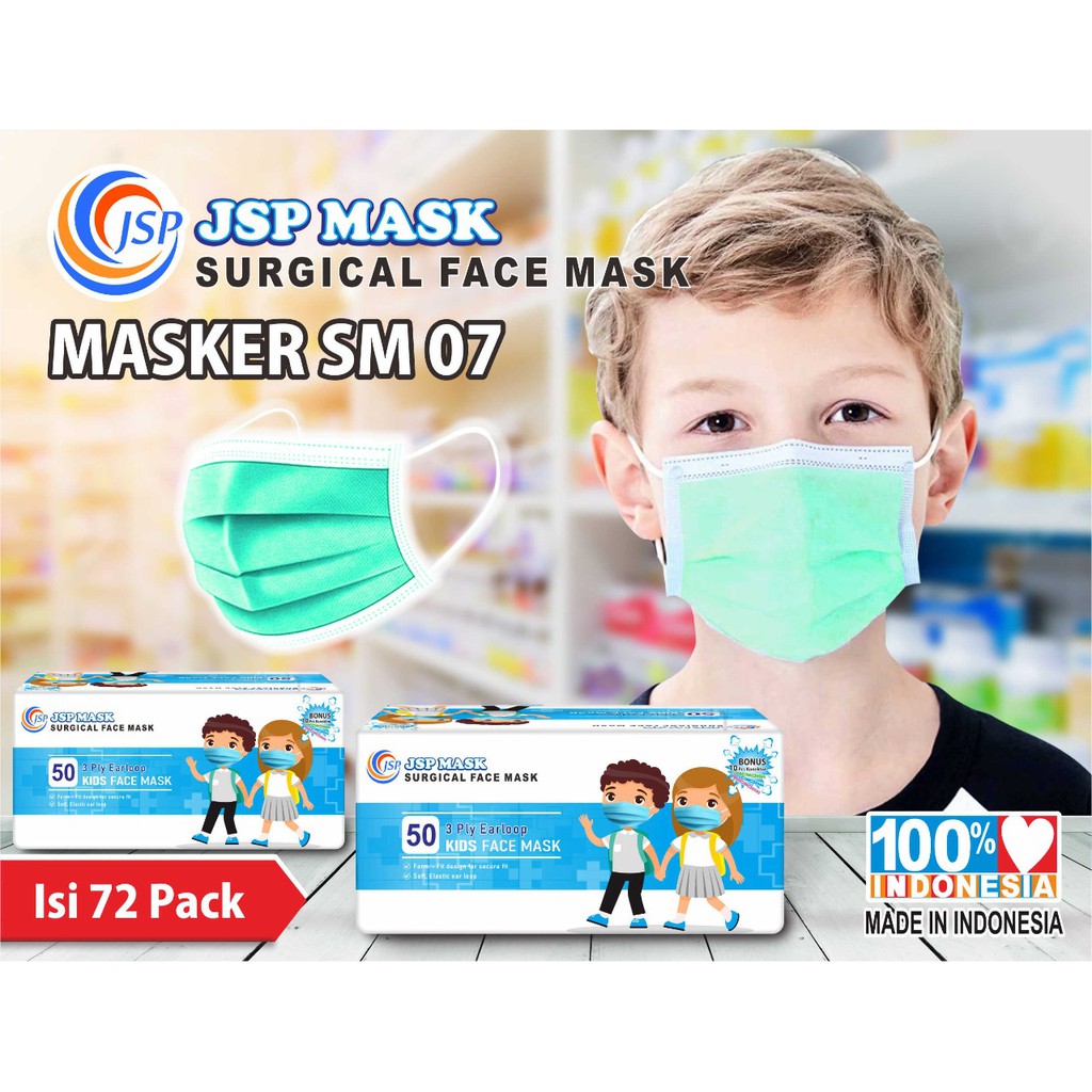 Masker Medis Anak JSP MASK 3PLY ISI 50 PCS FREE 10 KONEKTOR/ Masker Anak JSP SM07