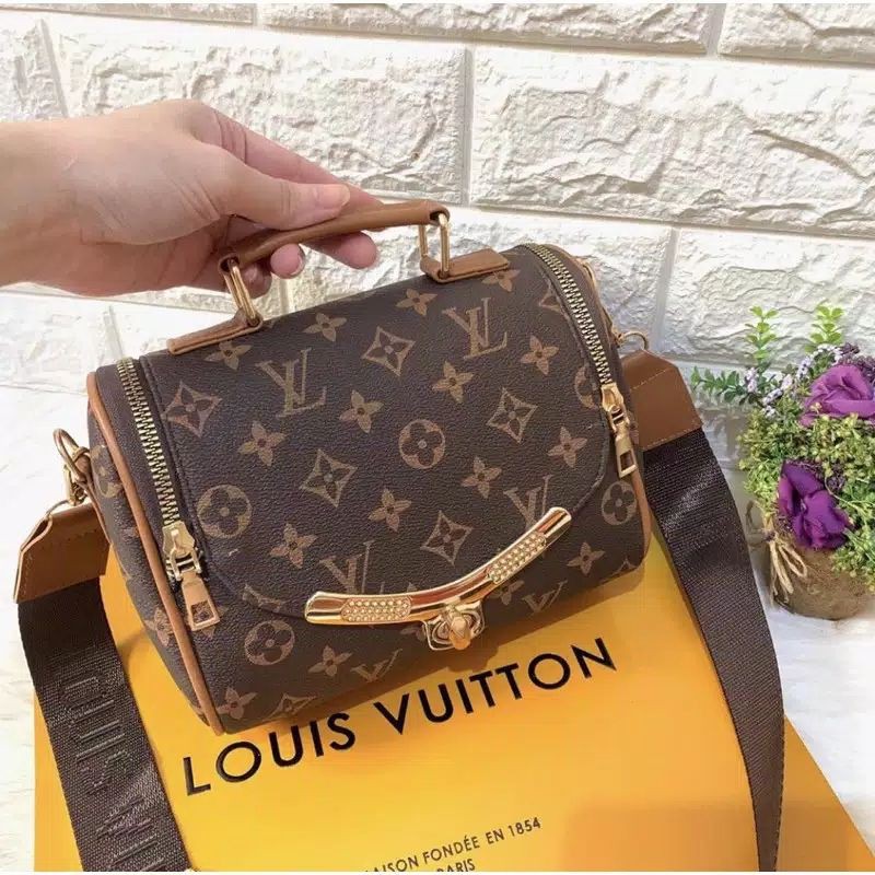 tas motif lv bowling strape motif handle tenteng tas kecil bulat jalan jalan brangkas peti kotak