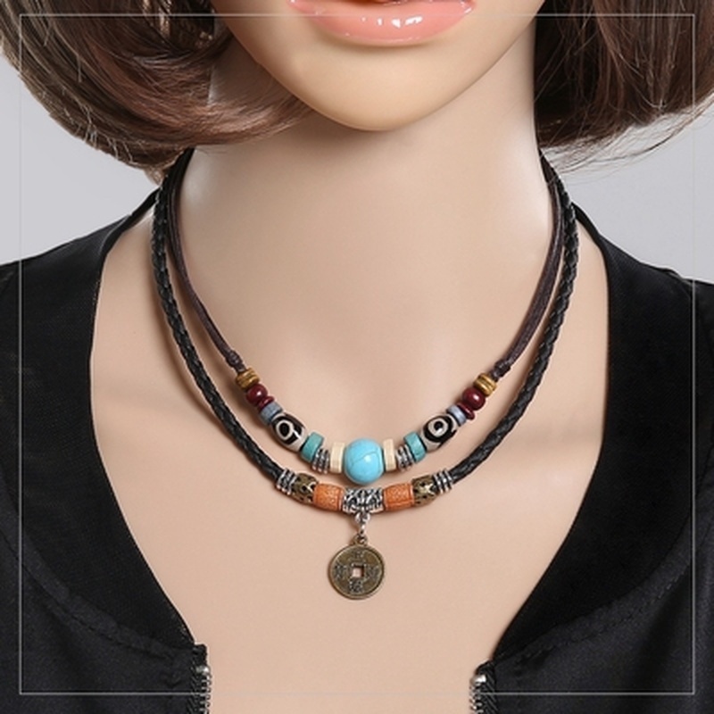 Retro Ethnic Style Double Layer Leather Rope Coin Beads Pendant Necklaces for Women and Men / Simple Alloy with Turquoise Bead Charms Choker Pendant Necklace / Trendy Vintage Jewelry Gifts / Women Gifts Jewellery Accessories