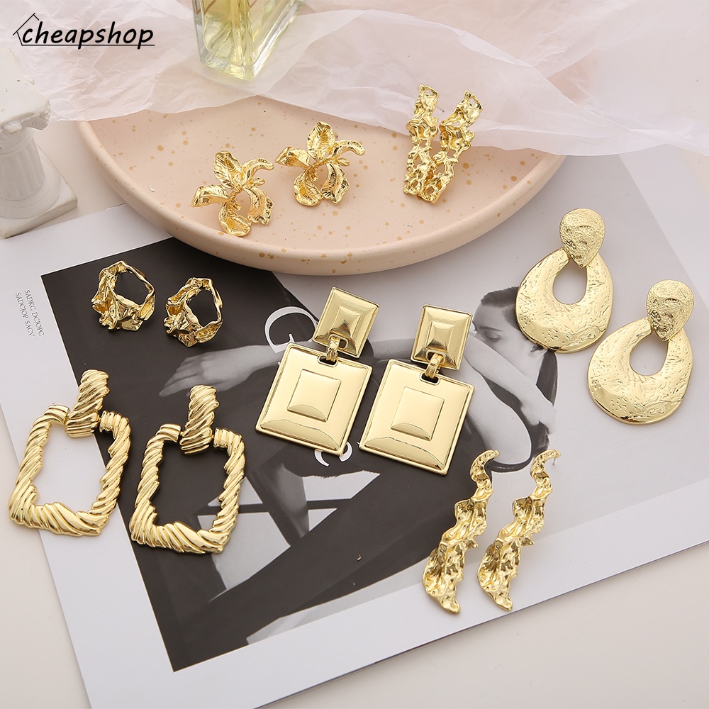 IFYOU Anting Stud Desain Bunga Bahan Metal Warna Emas Gaya Retro Untuk Wanita