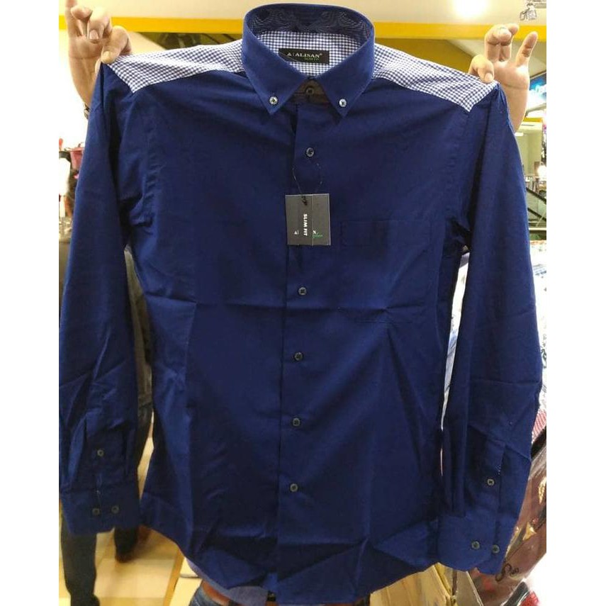 PROMO KEMEJA PRIA ALISAN SLIMFIT PANJANG BIRU NAVY HIJAU TOSCA KOMBI PUNDAK - NAVY, XL