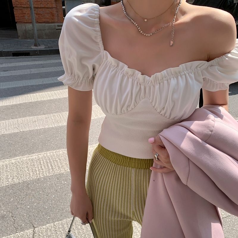 Pro 2022 Musim Panas Baru Putih Kerah Persegi Lipit Kemeja Lengan Pendek Wanita Temperamen Slim Puff