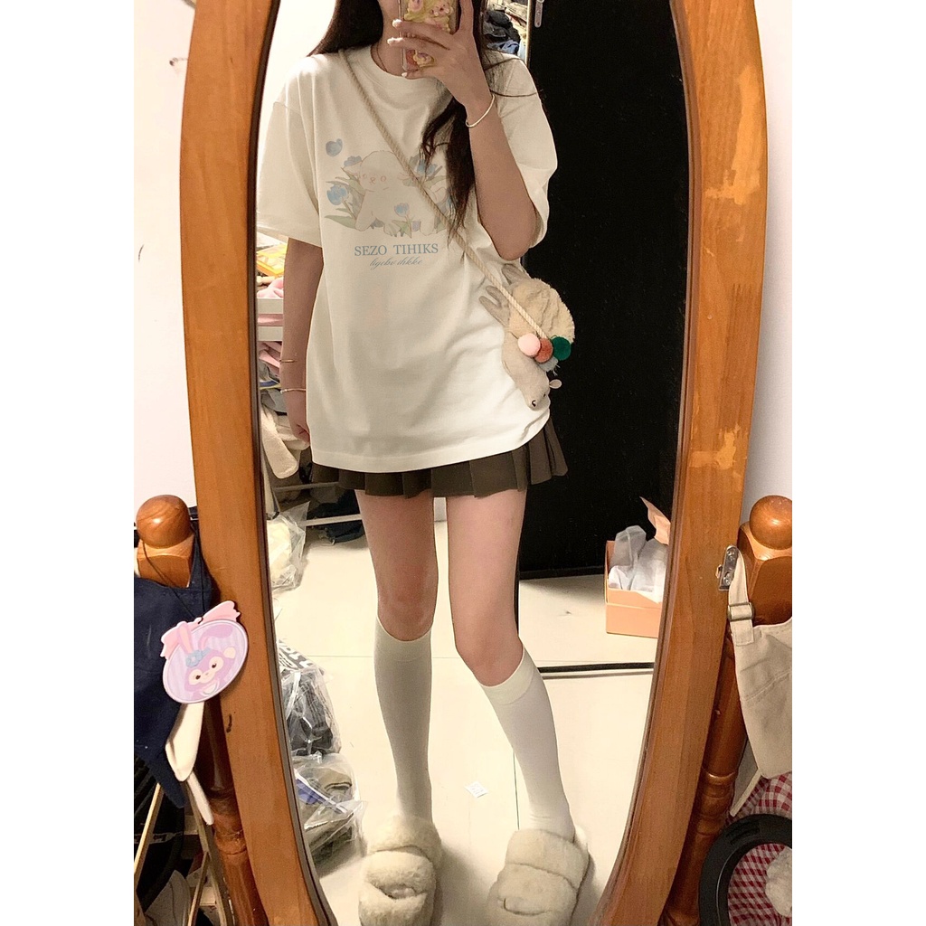 EUNII T-shirt Lengan Pendek Kartun Imut Domba Pencetakan Longgar Korean Style/Kaos Atasan Wanita/Baju Kaus Oversize Wanit