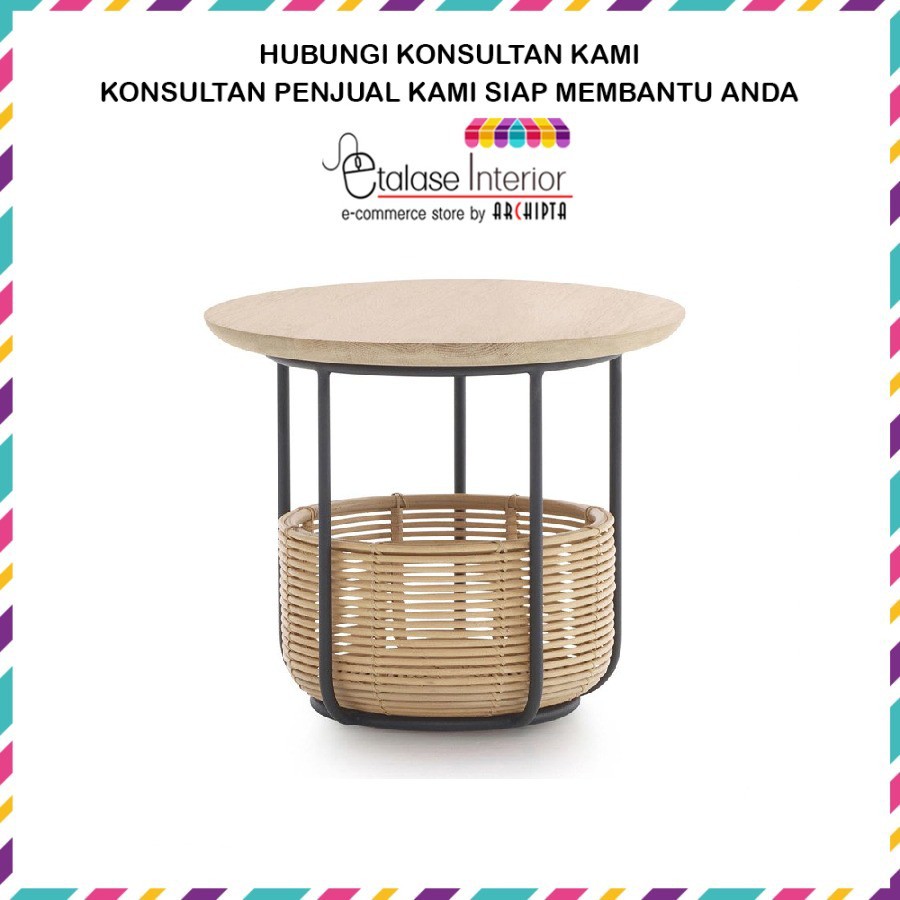 Meja Bulat Kayu Solid Kaki Besi Side Table/ Nakas Serbaguna