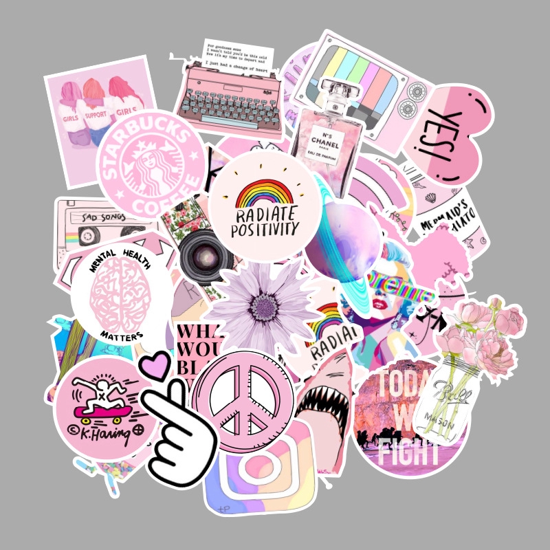 53pcs/set Stiker Dekorasi Anti Air Warna Pink Campur Untuk Skateboard/Laptop