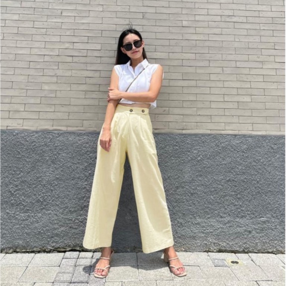 HOPYLOVY Celana Kulot Wanita Katun Linen Double Button Jemima / Celana Panjang Wanita Polos-5