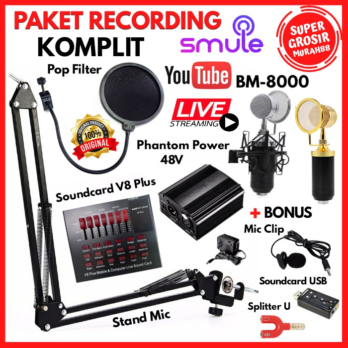 PAKET RECORDING KOMPLIT Microphone Mic BM 8000 BM8000 Soundcard V8 Plus Phantom Power 48V