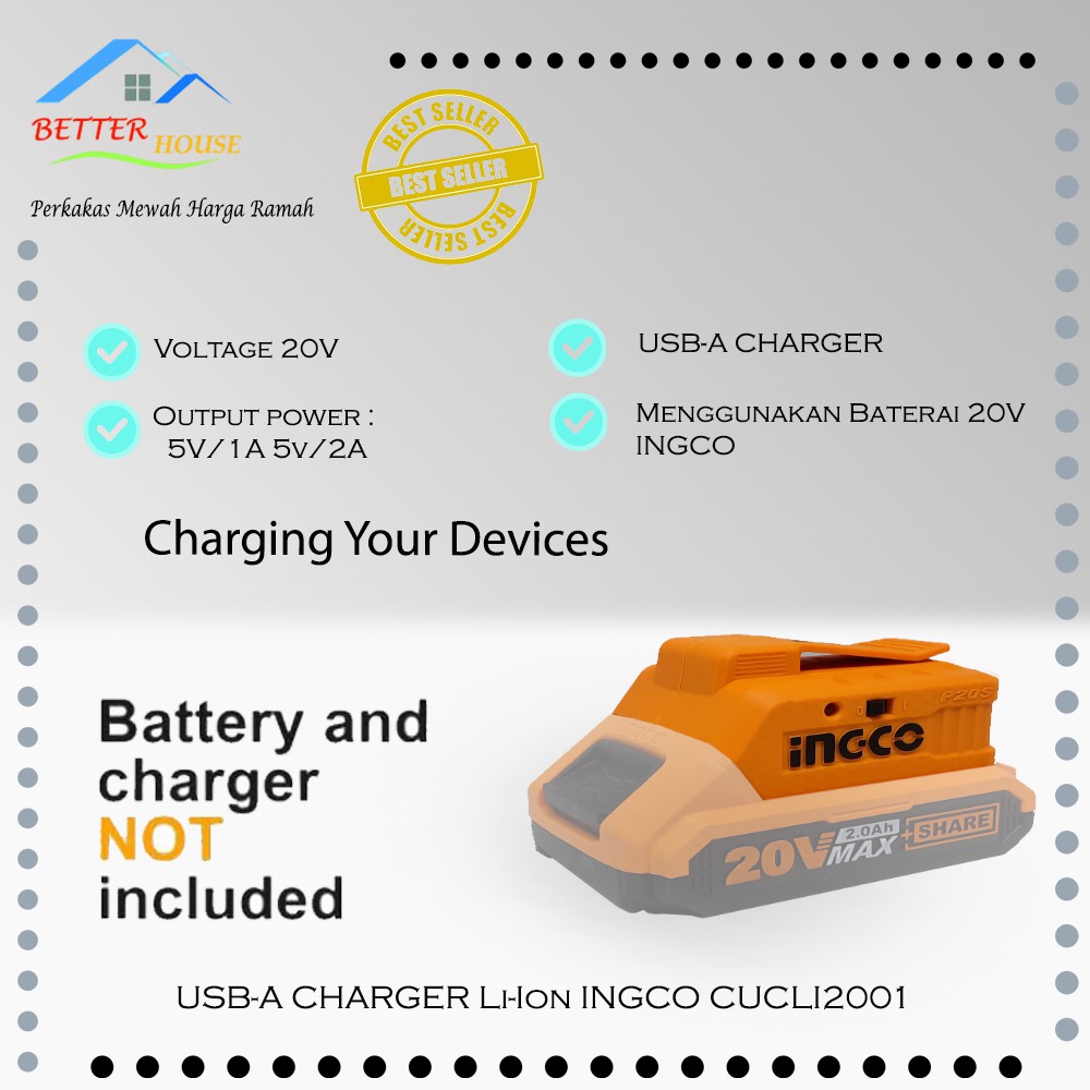 Power Bank USB A Charger INGCO CUCLI2001 (baterai beli terpisah)