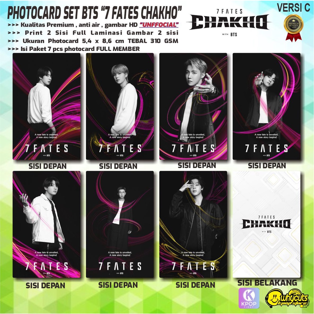 PHOTOCARD SET KPOP PREMIUM BTS / 7 FATES CHAKHO / print 2 sisi full laminasi GLOSSY / ISI 7 PCS