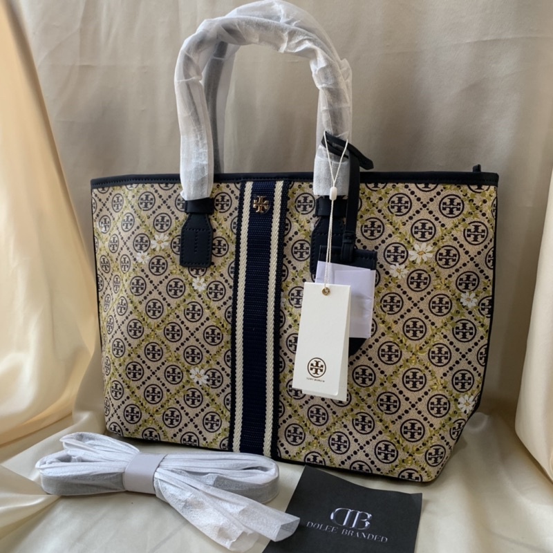 TORY BURCH T Monogram Floral Vine Small Top-Zip Tote Bag (Navy)